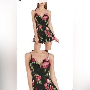 Windsor Black and Pink Floral Plunge V Neckline Pleated Skater Romper NWT